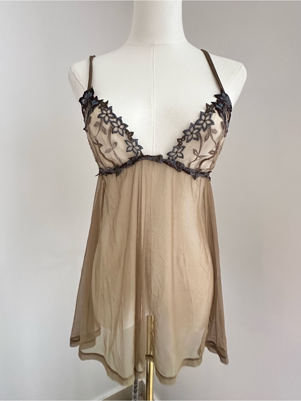 La Perla Taupe Sheer Mesh Embroidered top Chemise